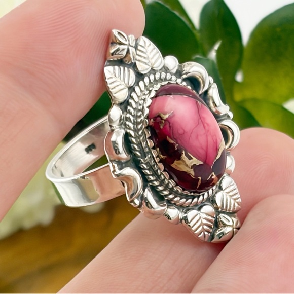 Rose Red Dahlia Turquoise Navajo Style Ring Size 9 Pure Sterling Silver 925 New - Picture 10 of 12